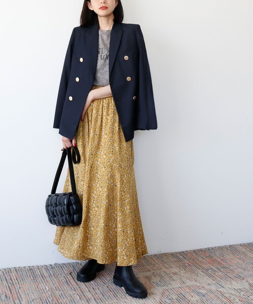 ELFRANK スカート 小花柄サテンフレアロングスカート「洗える