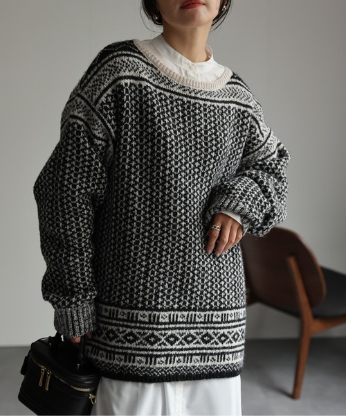 ap retro ニット セーター 幾何学柄ニットプルオーバー レディース