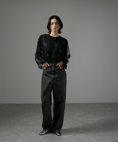 SALON adam et rope' tシャツ フラワーエンブロイダリーシアー