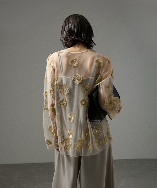 SALON adam et rope' tシャツ フラワーエンブロイダリーシアー