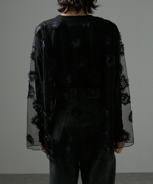 SALON adam et rope' tシャツ フラワーエンブロイダリーシアー