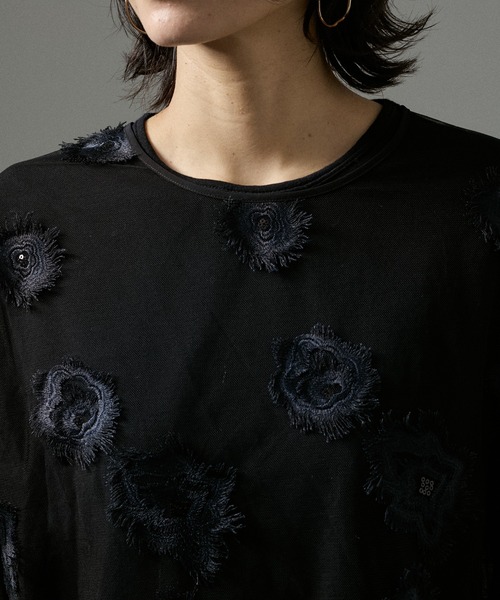 SALON adam et rope' tシャツ フラワーエンブロイダリーシアー