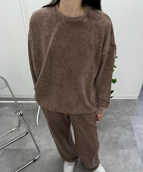 スウェット Chiina/ワンウォッシュ加工 ラウンドネックプルオーバー 