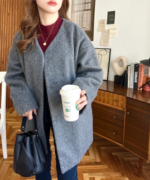 「moment+」 ノーカラーコート L チャコールグレー レディース_画像2