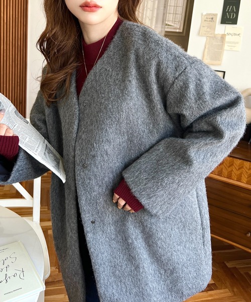 「moment+」 ノーカラーコート L チャコールグレー レディース_画像3