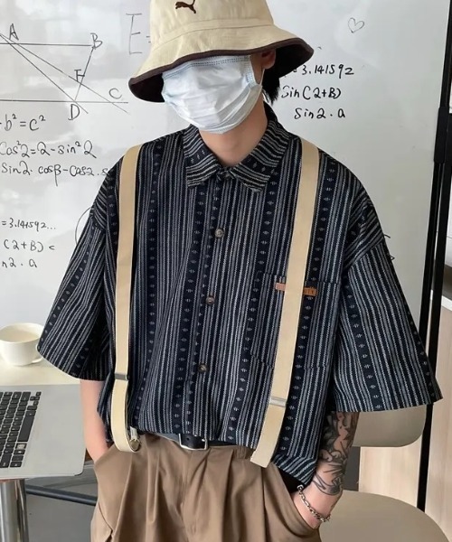 GEMEDA シャツ 半袖 古着風ストライプ柄ビッグ半袖シャツ メンズ