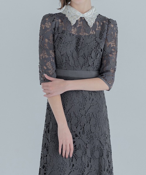 【LEJA】 花柄レース Aラインドレス Leja ドレス 「LEJA」花柄レースカラースパンコール刺繍Aラ
