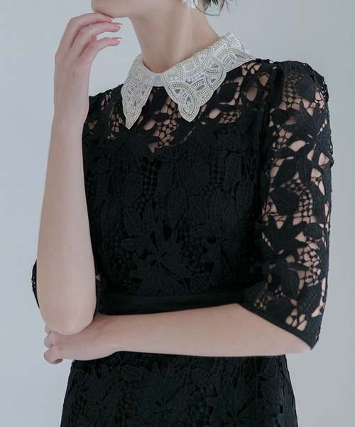 【LEJA】花柄レースビジューカラーAラインドレス Leja ドレス 「LEJA」花柄レースビジューカラーAラインドレス