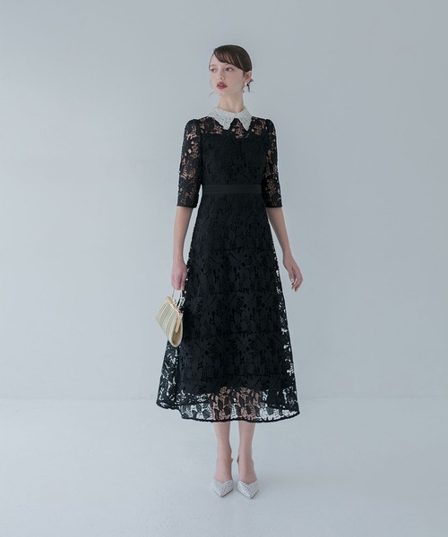 【LEJA】ドレスワンピース Leja ドレス 「LEJA」花柄レースビジューカラーAラインドレス