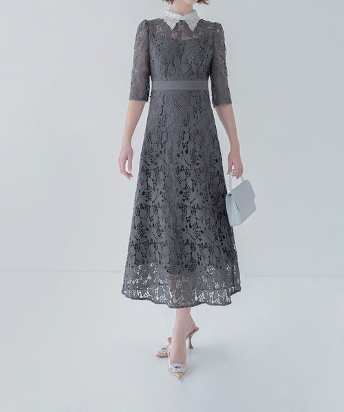 【LEJA】花柄レースビジューカラーAラインドレス Leja ドレス 「LEJA」花柄レースビジューカラーAラインドレス