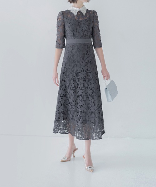 Leja ワンピース／ドレス Leja｜LEJA-配色パイピング花柄ラメレースワンピースドレス 結婚