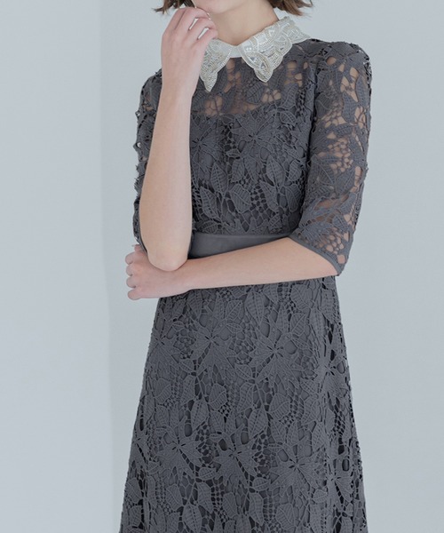 LEJAレースカラー花柄ビジュー付きフレアマーメイドシルエットドレスワンピース Leja（レジャ）の「【LEJA】レースカラー花柄ビジュー付き