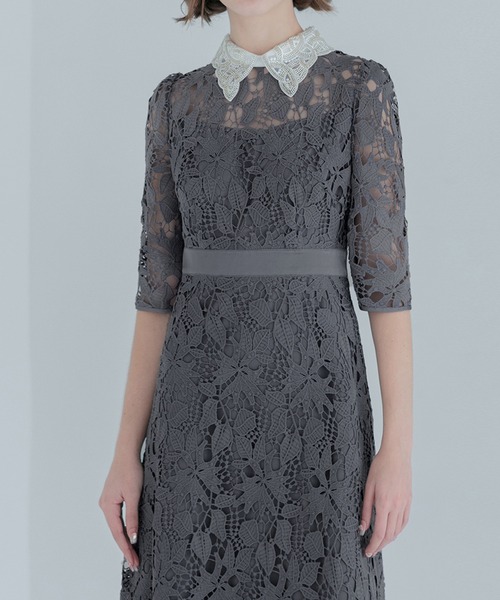 Leja レースパーティードレス♡ Leja ドレス 「LEJA」花柄レースビジューカラーAラインドレス