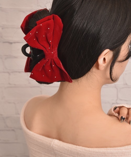 VIBGYOR Women ヘアクリップ 「float」ベロア リボン ラインストーン 