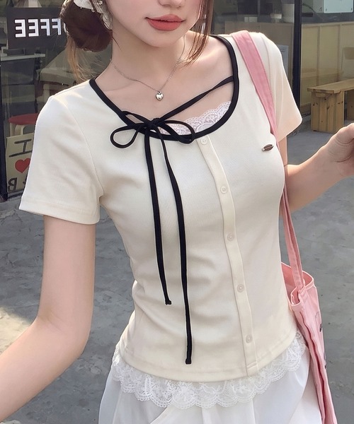 SpRay（スプレイ） tシャツ 半袖 配色胸リボントップス レディース