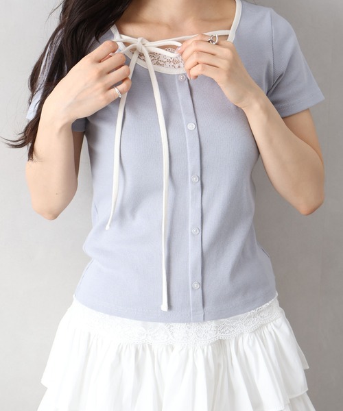 SpRay（スプレイ） tシャツ 半袖 配色胸リボントップス レディース