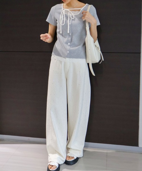 SpRay（スプレイ） tシャツ 半袖 配色胸リボントップス レディース