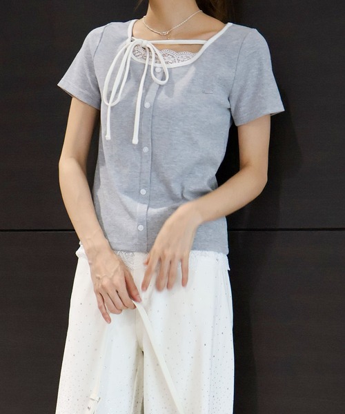 ゆ*る様 ふわふわリボン半袖カットソー シロ×シロ SpRay（スプレイ） tシャツ 半袖 配色胸リボントップス レディース