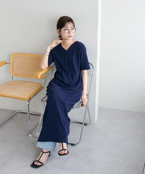 ワンピース リブピコレースヘンリーカット半袖ワンピースの画像