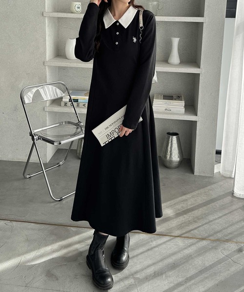 「U.S. POLO ASSN.」 長袖ワンピース MEDIUM ブラック レディース_画像5