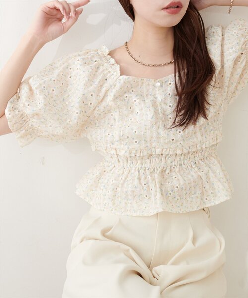 natural couture ブラウス シャツ 半袖 ウエストシャーリングブラウス