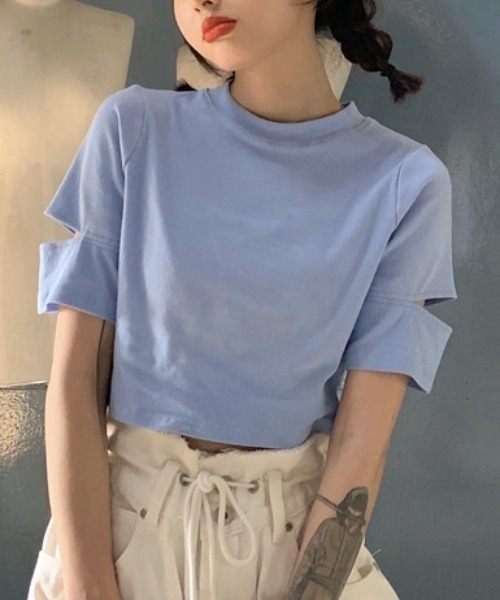 tシャツ カットアウトトップス レディース Mangrove tシャツ クロップド丈オフネックカットアウトTシャツ