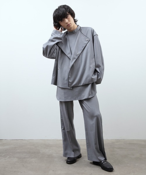 【セットアップ対応】ノーカラーダブルデザイン unlow ジャケット ノーカラージャケット パイピングノーカラー