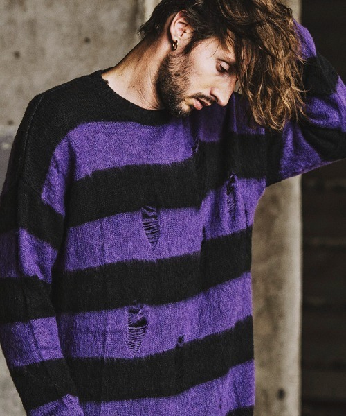 30 割引one Size メンズ M Lサイズ相当 パープル大人気新品 ニット Mn2472 シャギーニットボーダーラダリングbig Po トップス メンズファッション ファッションone Size メンズ M Lサイズ相当 パープル Agenciamadder Com Br