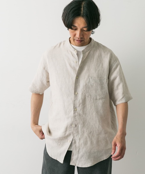リネンショートスリーブシャツ URBAN RESEARCH DOORS シャツ シルケットリネン バンドカラー