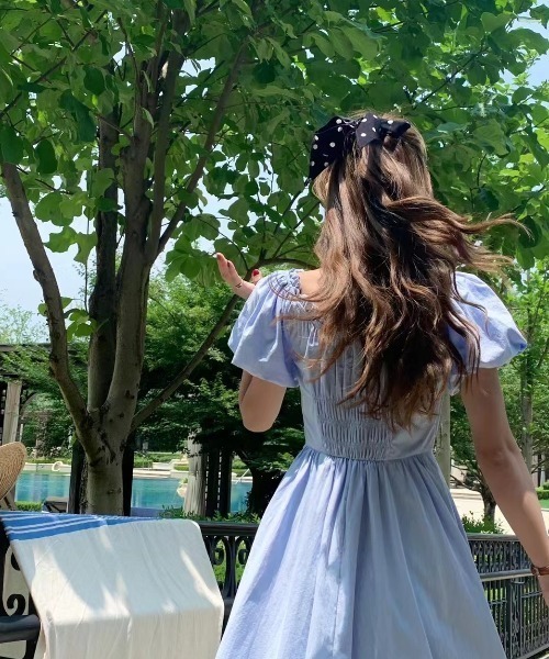 【韓国発ブランド】シャーリングパフスリーブフレアーワンピース ワンピース パフスリーブシャーリングフレアワンピース