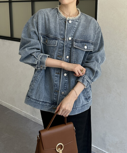 Thevon ブルゾン アウター ノーカラーフリンジGジャン レディース