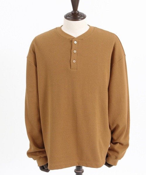 CARRER ヘンリーネック　ワッフル ブラウン Healthknit スーパーヘビーワッフル ヘンリーネック 長袖Tシャツ