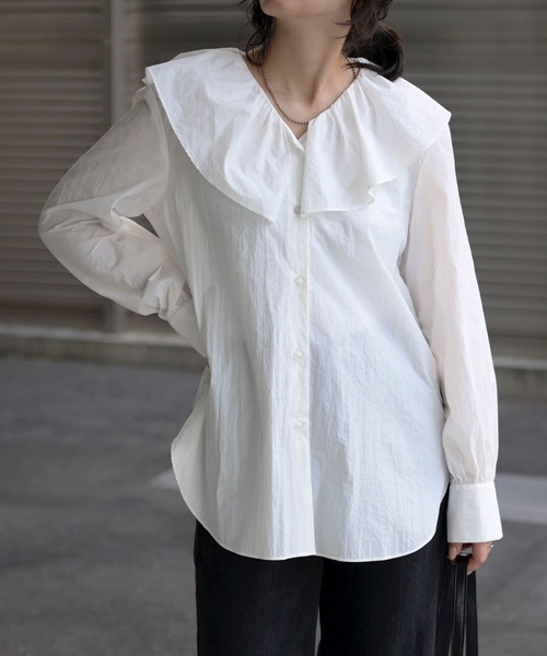 ナイロンワッシャーラッフルカラーブラウス[K](T) ＆HALF tシャツ ラッフルカラーナイロンワッシャーブラウス