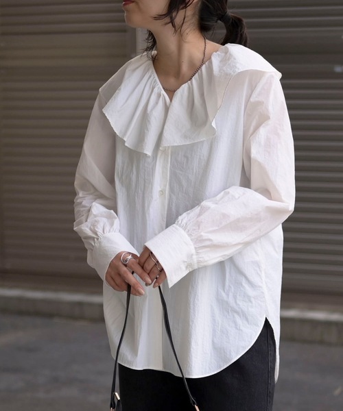ナイロンワッシャーラッフルカラーブラウス[K](T) ＆HALF tシャツ ラッフルカラーナイロンワッシャーブラウス