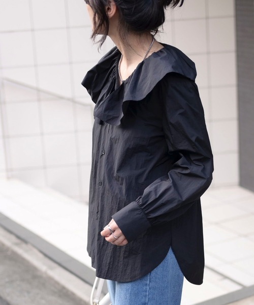 ナイロンワッシャーラッフルカラーブラウス[K](T) ＆HALF tシャツ ラッフルカラーナイロンワッシャーブラウス