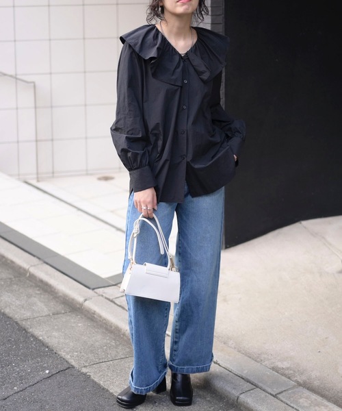 ナイロンワッシャーラッフルカラーブラウス[K](T) ＆HALF tシャツ ラッフルカラーナイロンワッシャーブラウス