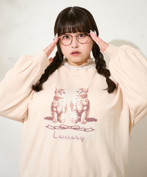 ニット セーター 「大きいサイズ」キャットドッグ ジャガードオーバーニット レディース