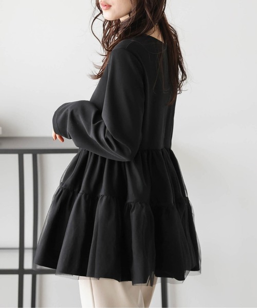 kooh！ペプラム Tシャツ ブラウス 36 ブラッ チュールMIXペプラムデザインシャツブラウス「T1418」