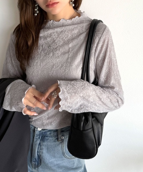 tシャツ 透け感で魅せる、秋の上品レイヤード。プチハイネック花柄レースメロウトップス（長袖） レディース | classicalelf | 04