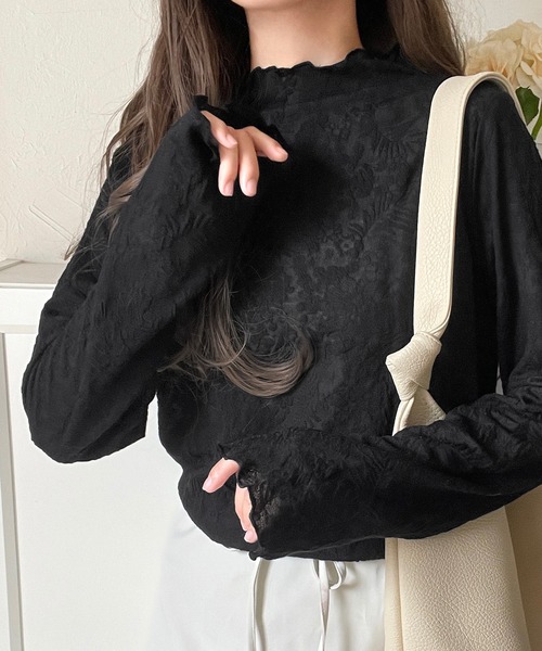 tシャツ 透け感で魅せる、秋の上品レイヤード。プチハイネック花柄レースメロウトップス（長袖） レディース | classicalelf | 02