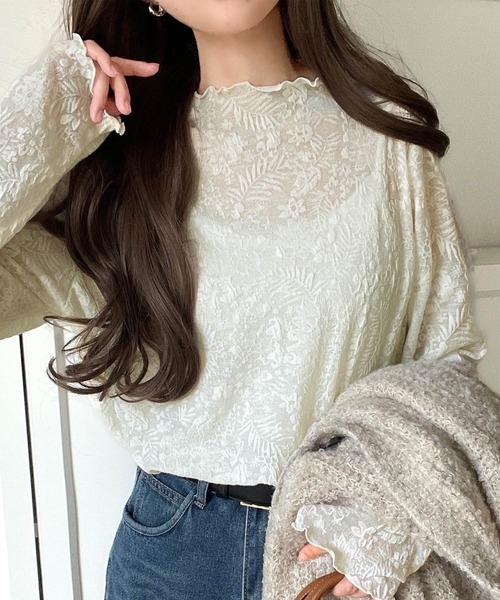 tシャツ 透け感で魅せる、秋の上品レイヤード。プチハイネック花柄レースメロウトップス（長袖） レディース | classicalelf | 09