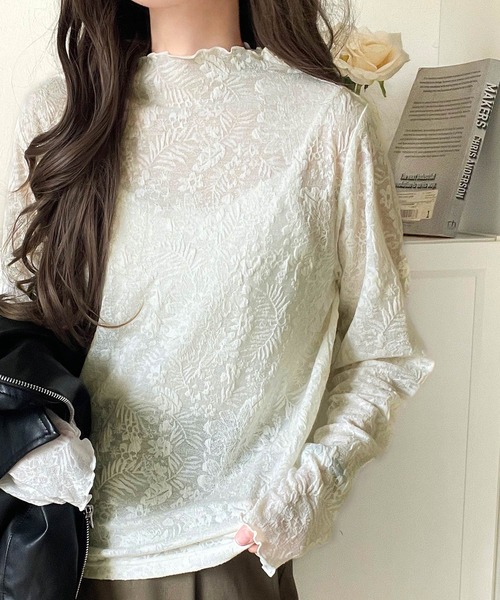 tシャツ 透け感で魅せる、秋の上品レイヤード。プチハイネック花柄レースメロウトップス（長袖） レディース | classicalelf | 13