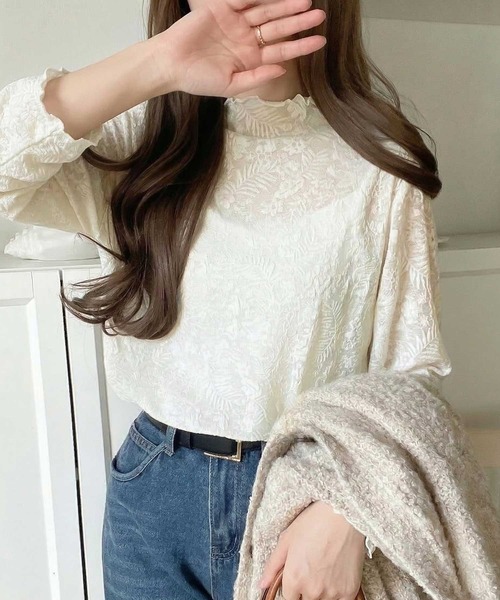 ⑤②⑧ プチハイネックオールレーストップス 刺繍入り sizeF classicalelf（クラシカルエルフ） tシャツ 透け感で魅せる上品