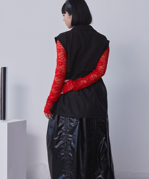 &ellecy　レース素材 長袖トップス 黒 赤プリント ELUNIS tシャツ ストレッチレースコンパクトトップス レディース