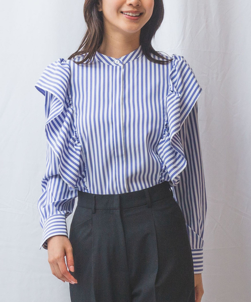 ナラカミーチェ（NARACAMICIE）/【NARACAMICIE】ストレッチストライプショルダーフリル長袖ブラウス NARACAMICIE（ナラカミーチェ） ブラウス シャツ 「NARACAMICIE