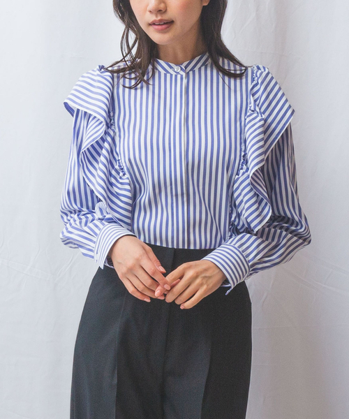 【ナラカミーチェ】未使用✨ストレッチ ストライプ フリルブラウス シャツ 光沢 NARACAMICIE（ナラカミーチェ） ブラウス シャツ 「NARACAMICIE
