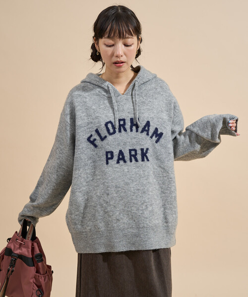 S ピン　三色旗柄ジャガード ニットフーディプルオーバー　レディース　グレー FREAK'S STORE（フリークスストア） ニット セーター ジャガード