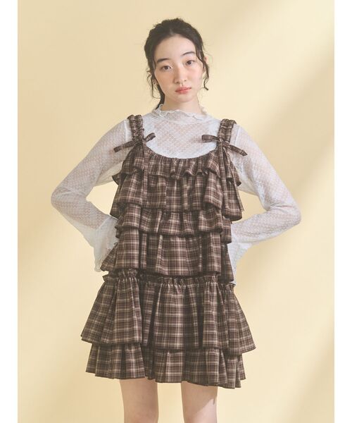 【and mary】チェック柄 半袖ミニワンピース フリル付き チェックホイップクリームミニワンピース（ワンピース）｜merry jenny