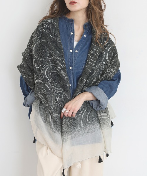 ストール マフラー グラデペイズリー柄大判タッセルストール