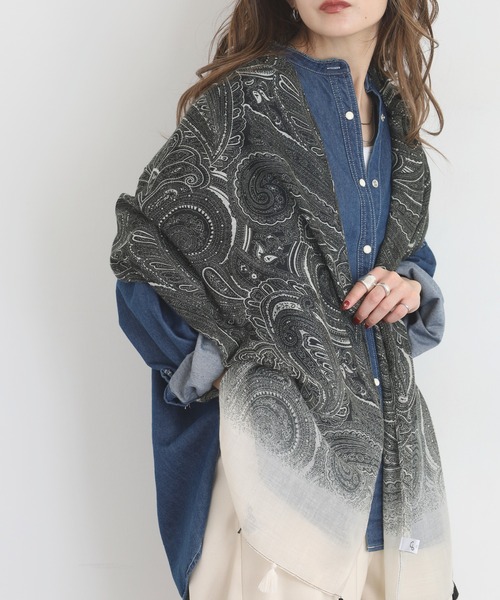 ストール マフラー グラデペイズリー柄大判タッセルストール